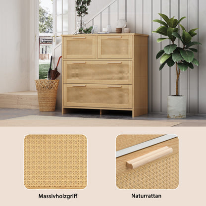Opbergkast – Dressoir – Ladekast – Kast – Rattan Kast – 4 Grote Laden – Natuurlijk Wit Hout