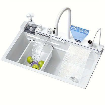Keukenspoelbak – Spoelbak – Gootsteen – Enkele Wasbak – Keukenkom – RVS Met Witte Gebosselde Afwerking – Drukspoeling Met Twee Watervallen – 74,9 x 46 cm