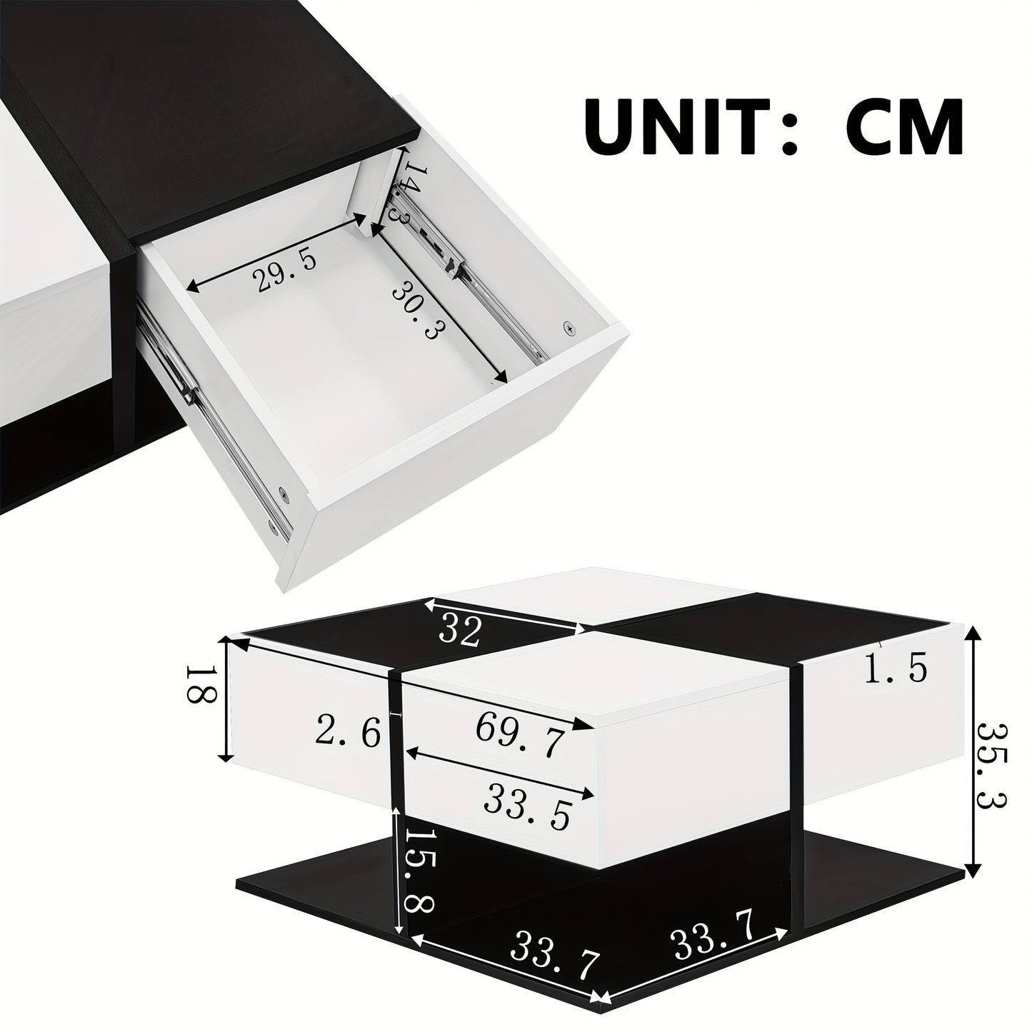 Salontafel – Woonkamertafel – Koffietafel – Bijzettafel – Tafel – Vierkant – 70x70x35,5 cm – 2 Soft-Close Lades – Zwart-Wit Modern Design