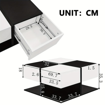 Salontafel – Woonkamertafel – Koffietafel – Bijzettafel – Tafel – Vierkant – 70x70x35,5 cm – 2 Soft-Close Lades – Zwart-Wit Modern Design