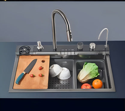 Keukenspoelbak – Spoelbak – Gootsteen – Wastafel – Wasbak – Roestvrij Staal Gunmetal Grijs – 75x45 cm – Enkele Kom – Digitale Waterdisplay – Uittrekbare Kraan – Inclusief Snijplank & Koppenwasfunctie