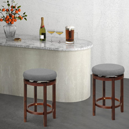 Barkrukken – Barstoelen – Keukenstoelen – Caféstoelen – Draaibare Krukken – 360° Draaibaar – Rubberen Houten Poten – Comfortabel Linnen Zitting – Set Van 2 – 66 cm Hoogte – Grijs/Naturel
