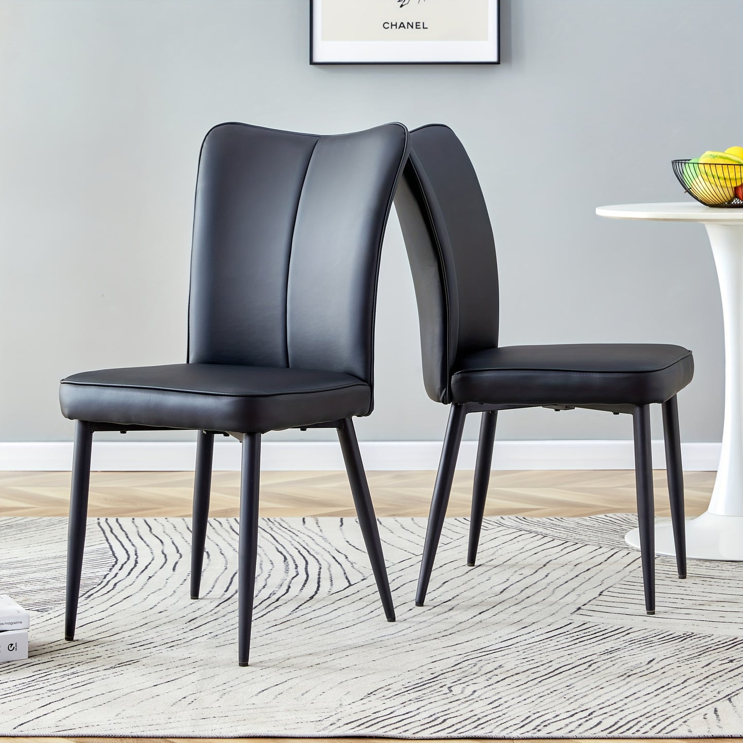 Modern Minimalist Black Dining Chair with PU Leather Backrest And Black Metal Legs for Dining Room, Bedroom And Living Room. Each Box Contains Two Chairs.