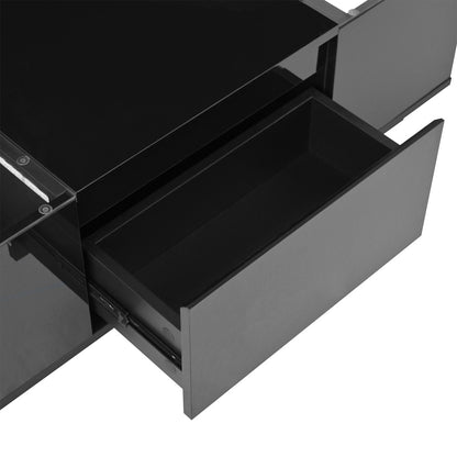 Salontafel – Koffietafel – Bijzettafel – Tafel – Woonkamertafel – Modern minimalistisch design – Glazen tafelblad met 2 lades – 105 cm – Metaalframe compacte salontafel