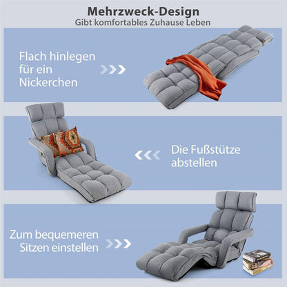 Relax Lounge Chair – Relaxstoel – Fauteuil – Ligstoel – Zitzak – Verstelbaar In 5 Posities – Linnen Bekleding – Inklapbaar – Ergonomisch Design – Max. 140 kg draagkracht – Grijs