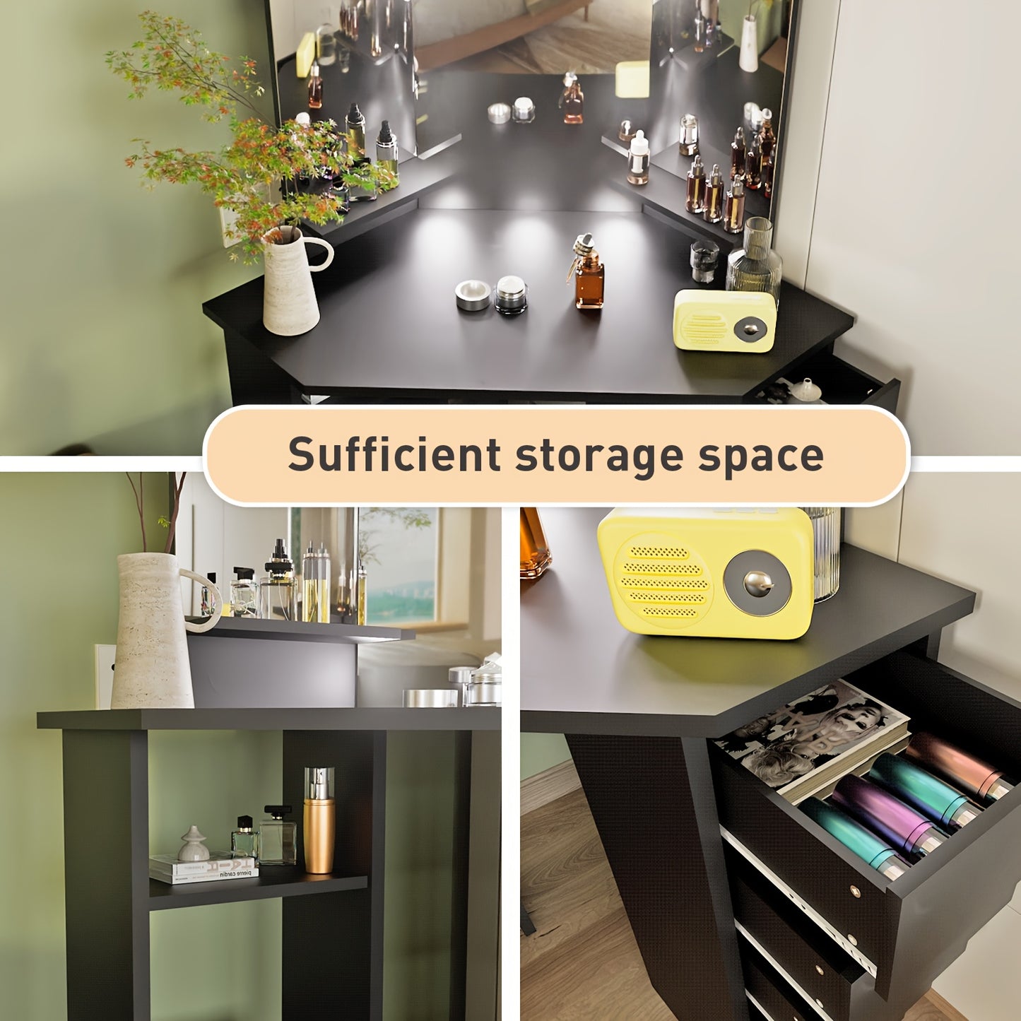 Make-up Tafel – Kaptafel – Schminktisch – Make-up Organiser – Vanity Tafel – Hoekmodel Met 3 Spiegels – 5 Lades & 2 Open Vakken – 112x50x142,5 cm – Modern & Ruimtebesparend