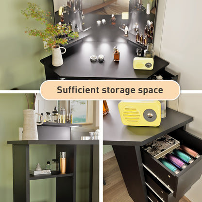 Make-up Tafel – Kaptafel – Schminktisch – Make-up Organiser – Vanity Tafel – Hoekmodel Met 3 Spiegels – 5 Lades & 2 Open Vakken – 112x50x142,5 cm – Modern & Ruimtebesparend