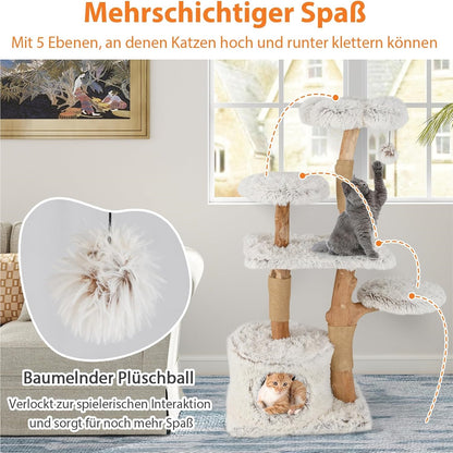 Krabpaal Kat – Krabboom Katten – Kattenmeubel – Klimpaal Kat – Kattenboom – 135 cm Hoog – Massief Houten Frame Met Jute Krabposts – Zacht Plush Zitgedeelte Wit