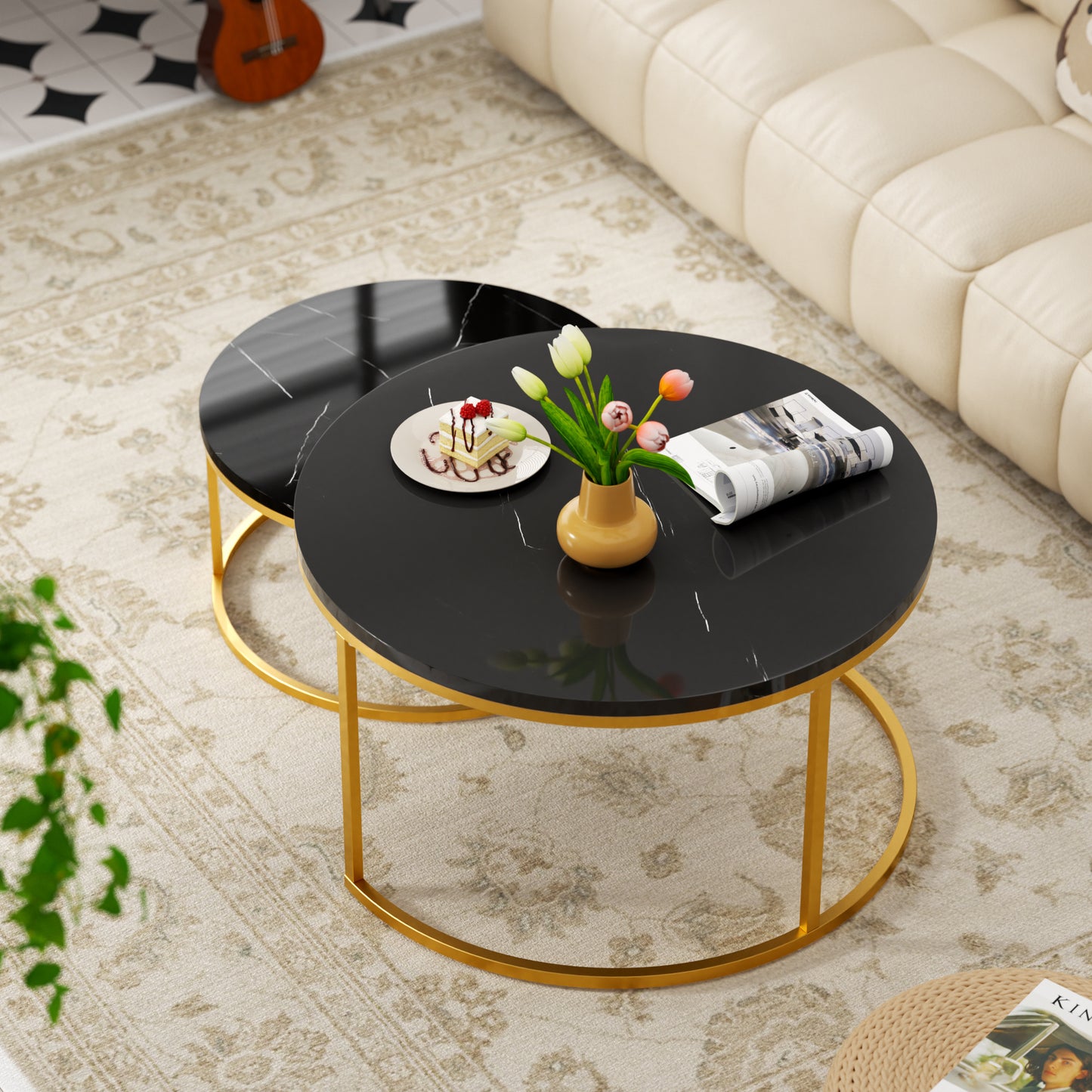 2-delige Salontafel Set – Woonkamer Tafel – Balkon Tafel – Marmeren Tafel – Hoogglans Tafel – Gouden Frame – Opbergruimte Onderblad