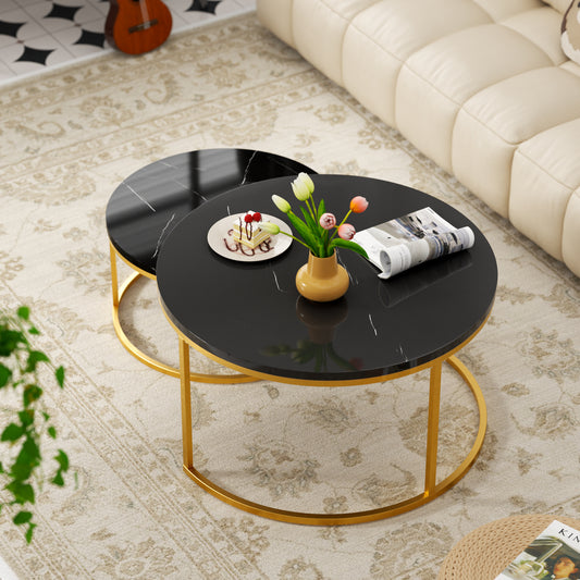 2-delige Salontafel Set – Woonkamer Tafel – Balkon Tafel – Marmeren Tafel – Hoogglans Tafel – Gouden Frame – Opbergruimte Onderblad