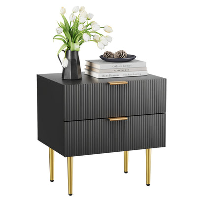 1pc Modern Black Metal Nightstand with 2-Drawer Bedside Storage - Matte Black & Golden Legs, Space-Saving Design, Easy Assembly, Compact Bedside Table for Small Bedrooms, Contemporary Minimalist Furniture with Golden-Toned Ha