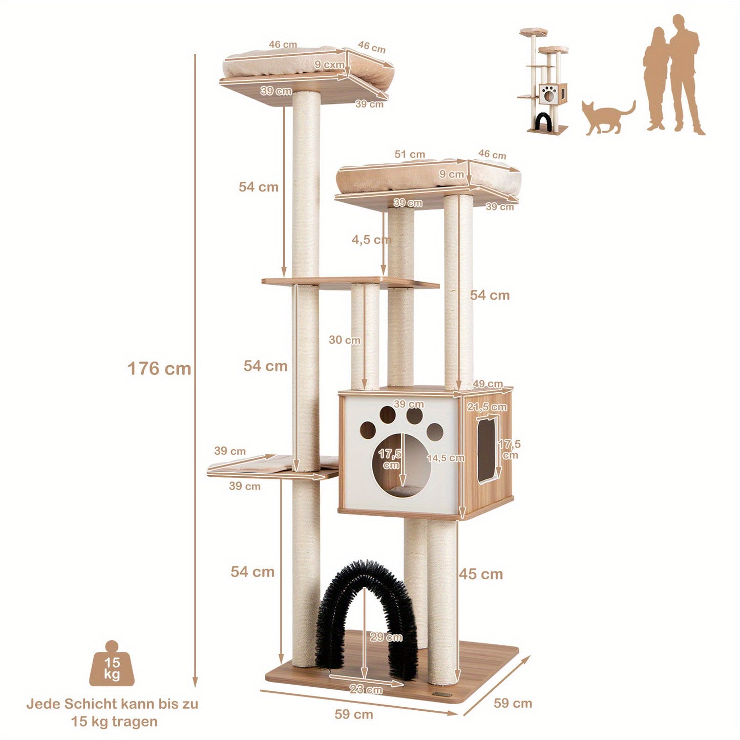 Krabpaal – Kattenkrabpaal – Kattenboom – Kattenhuis – Kattenmeubel – 6 Niveaus – Beige Houten Krabpaal Met Condo
