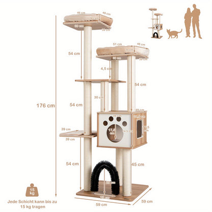 Krabpaal – Kattenkrabpaal – Kattenboom – Kattenhuis – Kattenmeubel – 6 Niveaus – Beige Houten Krabpaal Met Condo