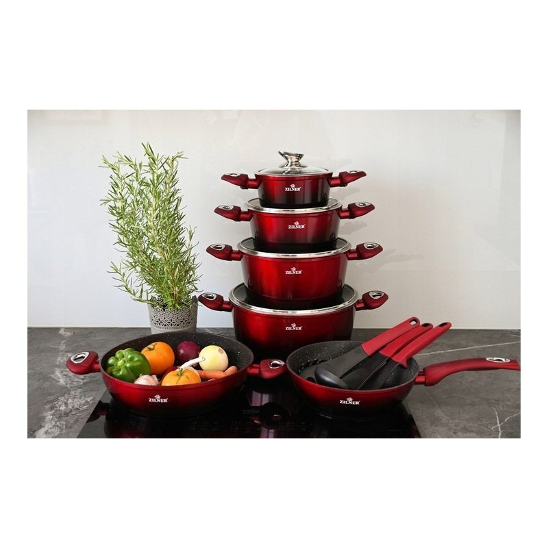 Pannenset – Kookset – Pannen Set – Koekenpannen – Potten en Pannen – Inductie Geschikt – Keramische Antiaanbaklaag – Rood – 15-delig
