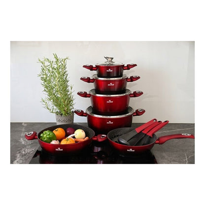 Pannenset – Kookset – Pannen Set – Koekenpannen – Potten en Pannen – Inductie Geschikt – Keramische Antiaanbaklaag – Rood – 15-delig