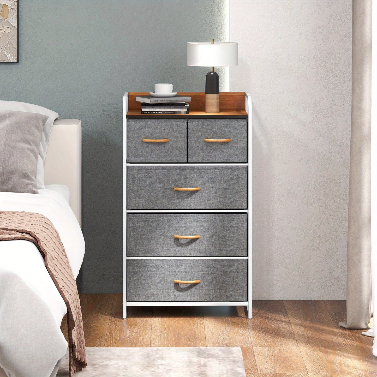 Wascommode – Opbergkast – Ladenkast – Commode – Kast Met Lades – 5 Ruime Stoffen Lades – Robuuste MDF Bovenplaat – Verstelbare Pootjes