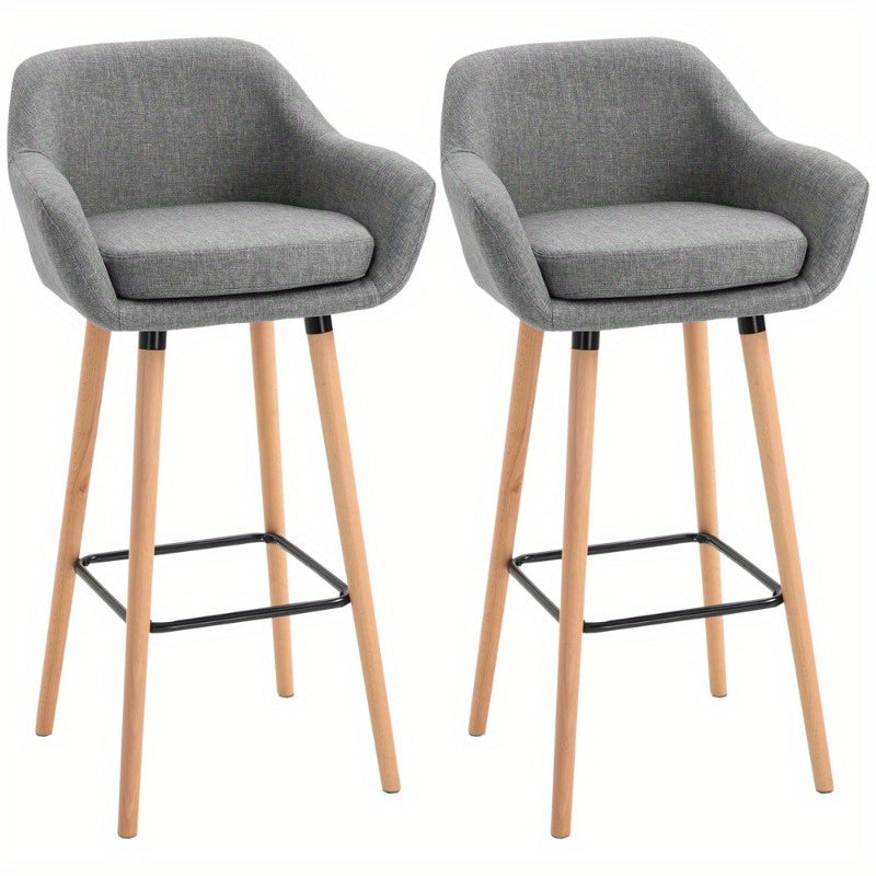 Barstoel Set – Barkruk – Hoge Kruk – Keukenstoel – Bistrostoel – Gecushioneerde Zitting – Met Voetensteun – Grijs Stoffen Bekleding – 55x48x100 cm