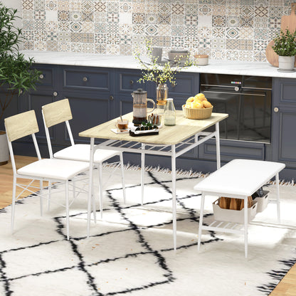 Eettafelset 4 Personen – Eettafel Met Stoelen – Eettafelbank – Dinerset – Eetkamerset – Eikenhout – Stalen Frame – Gewatteerde Zitplaatsen