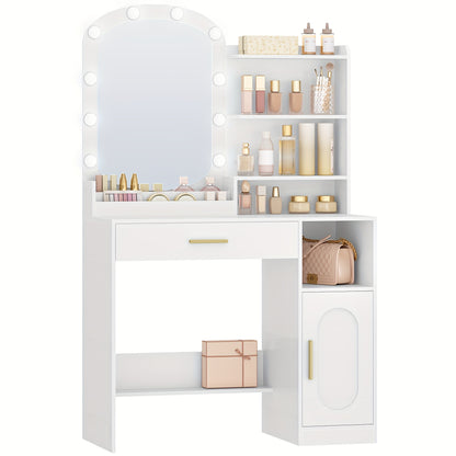 Jewelry Cabinet, Dressing Table With Oval Mirror, Dressing Table With LED Lights, Adjustable Brightness, Vanity Desk With Drawer, Cabinet And Open Compartments, Modern Bedroom Dresser, Jewelry Armoires - QUORE