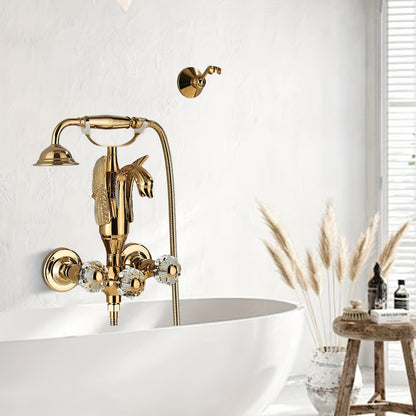 Gouden Badkraanset – Badkamerkraan – Mengkraan – Wandkraan – Douchekraan – Luxe Zwanen Design – Messing Met Kristallen Handvat – Inclusief Handdouche