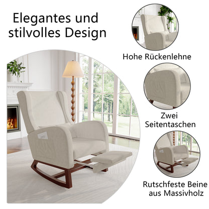 Schommelstoel – Relaxstoel – Fauteuil – Loungestoel – Leunstoel – Hoge Rugleuning – Uitschuifbare Voetensteun – Zijzakken – Massief Houten Onderstel – Beige Linnen