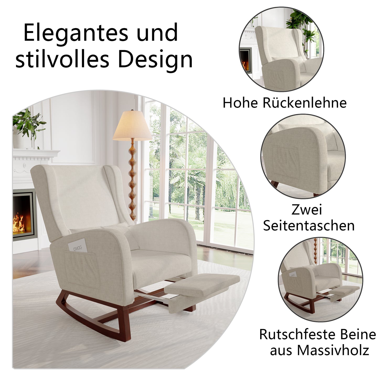 Schommelstoel met Voetenbank – Relaxstoel – Lounge Stoel – Leunstoel – Zitstoel – Massief Houten Onderstel – Zijvak Opbergruimte – Hoog Rugleuning