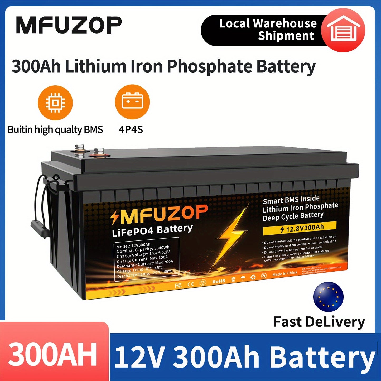 12V 300Ah Lithium Batterij – LiFePO4 Accu – Lithium-ijzerfosfaat Accu – Camper Accu – Solar Accu – Onderhoudsvrij – Hoge Capaciteit
