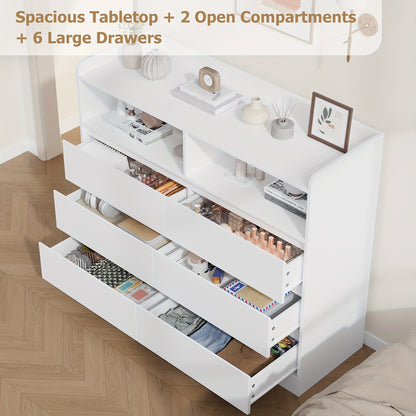 Brede Ladekast – Ladekast Met Lades – Opbergkast – Dressoir – Kast Met Open Vakken – Modern Wit Design – 6 Ruime Lades Met 2 Open Vakken – Stevig Kunststof En Massief Hout