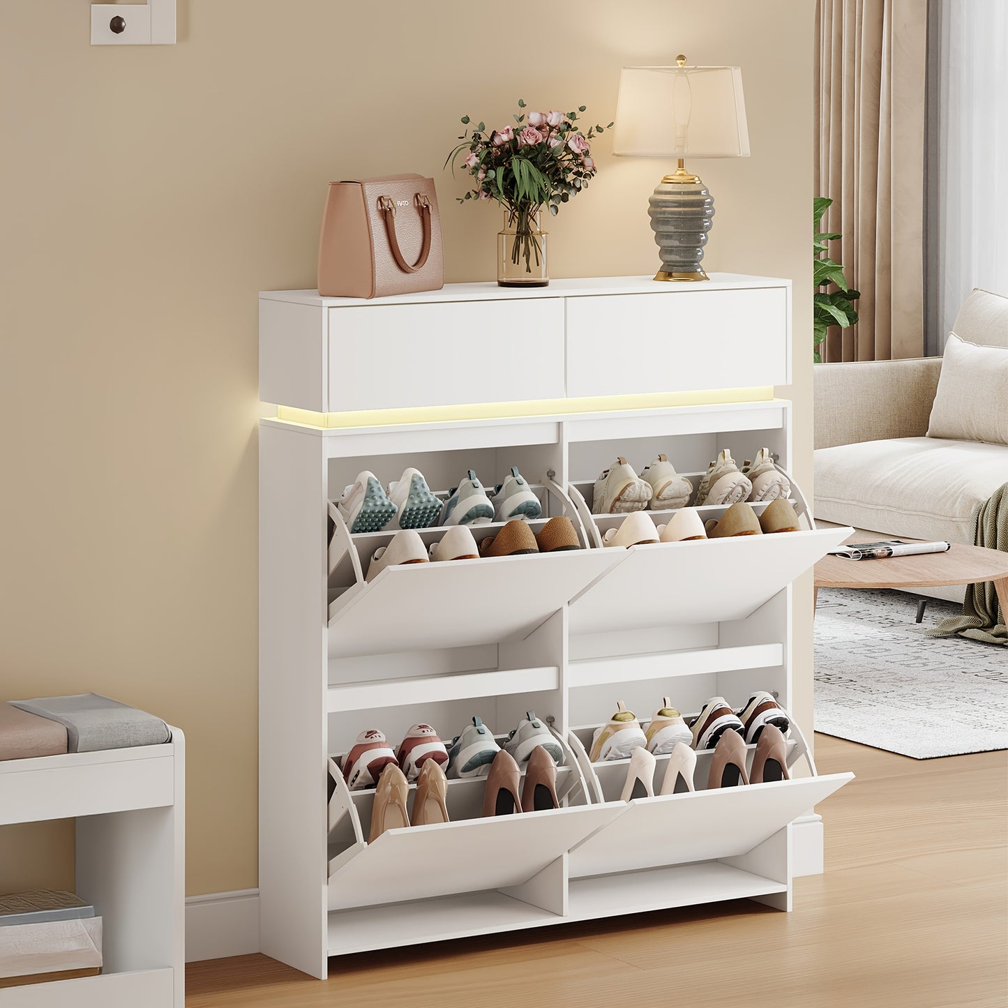 Schoenenkastje – Schoenenrek – Schoenopberger – Schoenendisplay – Schoenenkast – Wit – LED-Verlichting – Verstelbare Planken – Compact 100x119x24 cm