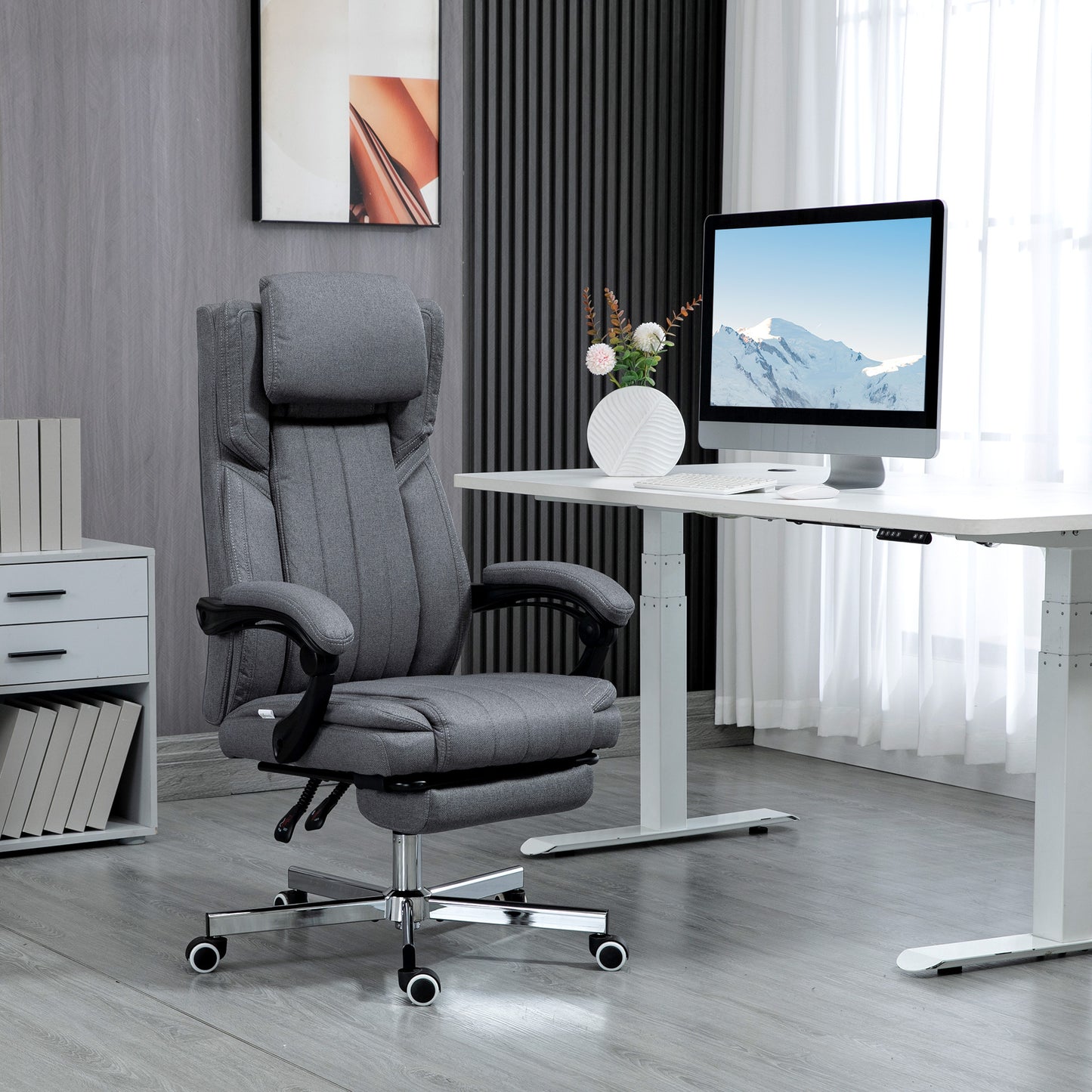 Ergonomische Bureaustoel – Bureaustoel Met Rugleuning – Draaistoel – Werkstoel – Thuiswerkstoel – Verstelbare Hoogte 41-49 cm – Kantelbare Rugleuning Tot 135° – Met Voetensteun – Grijs