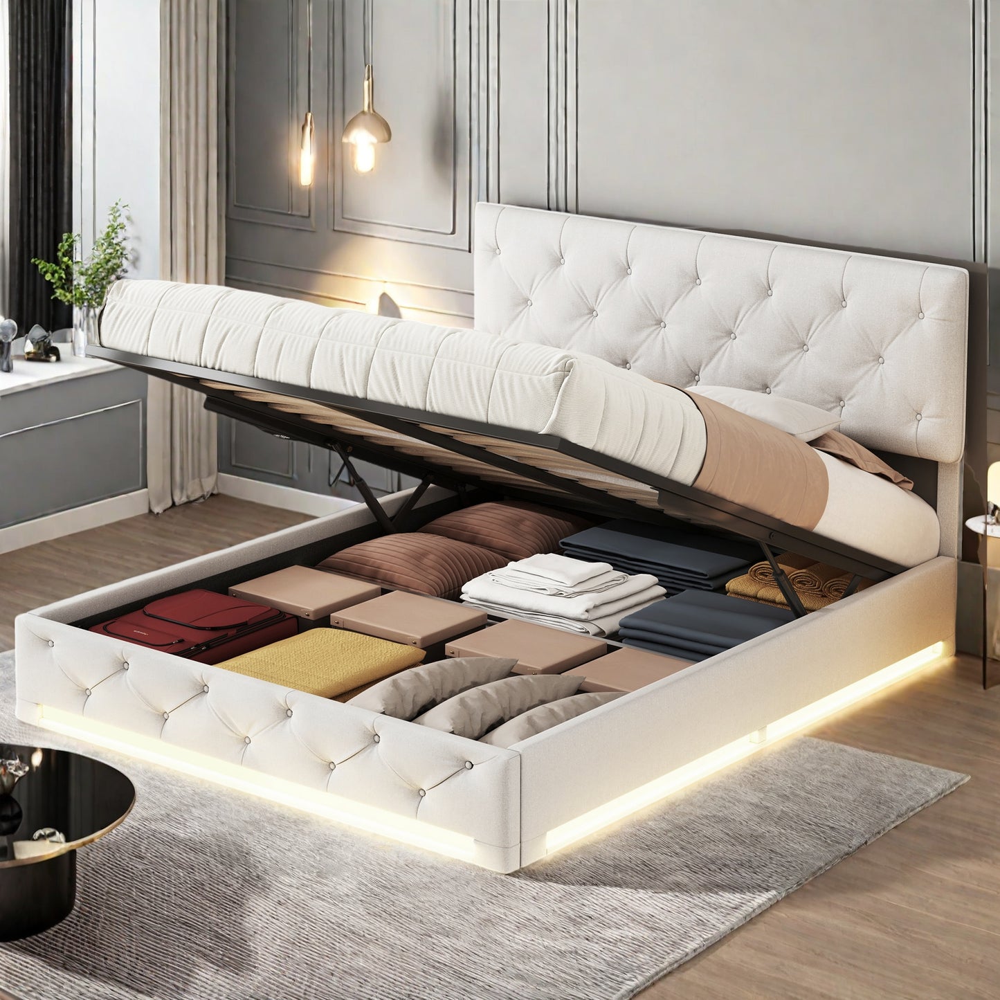 Opbergbed – Led Bed – Sleeplift Bed – Slaapbank – Bedkast – 160x200 cm – Linnen Hoofdeinde – USB Oplaadpoort