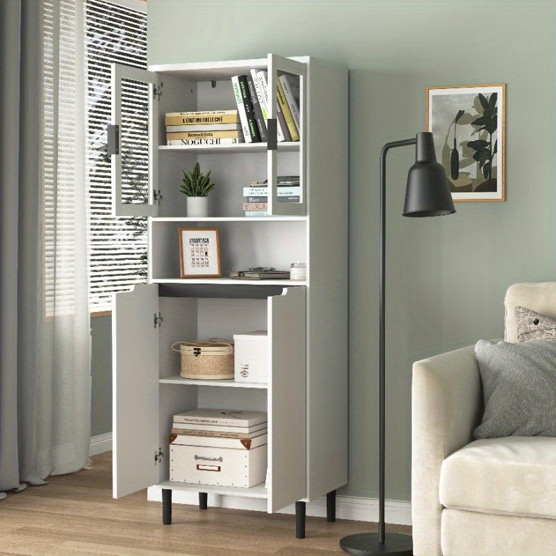 Boekenkast – Boekenrek – Opbergkast – Vakkenkast – Wandkast – Modern – Met 4 Glazen Deuren – Verstelbare Planken – Metalen Stevige Constructie – Verticale Ruimtebesparing – Wit