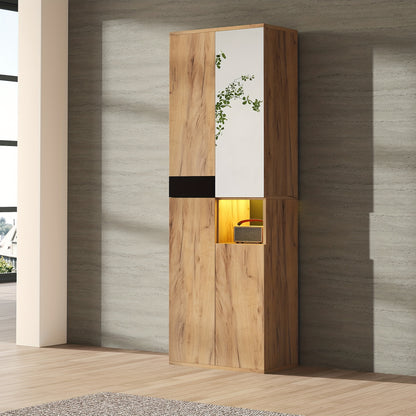 Moderne Hoge Kledingkast – Garderobekast – Opbergkast – Dressoirkast – Kastenmeubel – Met Spiegel – Vrijstaand – 4 Deuren + Open Plank – Natuurlijk Hout Met Zwarte Accenten – Ruime Opbergruimte – Vloermontage Zonder Elektriciteit