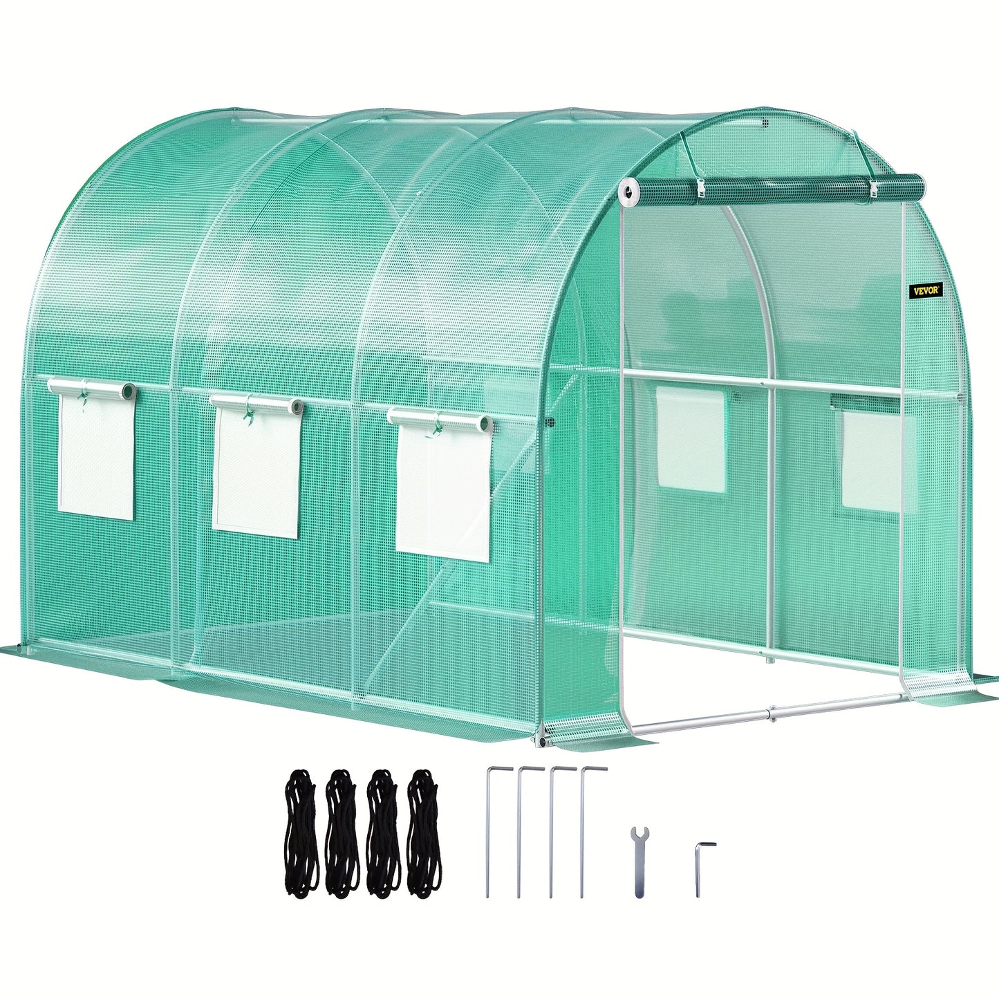 Kweekkas Tunnel – Tuinkas – Foliekas – Plantentunnel – Broeikas – 609,6x304,8x213,36 cm – Gegalvaniseerd Stalen Frame – 12 Oprolbare Ramen & 2 Ritsdeuren – Groen Netdoek