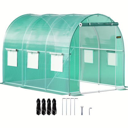Kweekkas Tunnel – Tuinkas – Foliekas – Plantentunnel – Broeikas – 609,6x304,8x213,36 cm – Gegalvaniseerd Stalen Frame – 12 Oprolbare Ramen & 2 Ritsdeuren – Groen Netdoek