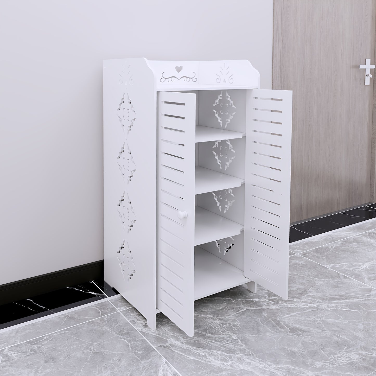 Schoenenkast met Dubbele Deuren – 4 Lagen Ruimtebesparend Schoenenrek – Geschikt voor Woonkamer, Hal, Slaapkamer of Appartement – 90 x 40 x 35 cm – Wit
