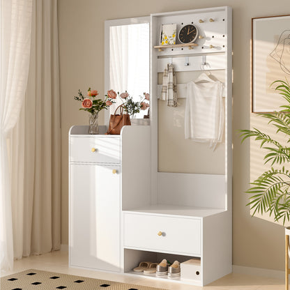Kledingkast – Garderobekast – Opbergkast – Kleerkast – Garderobe – Compact Wit – Met Spiegeldeur – Met Verstelbare Planken en 2 Lades – Ruimtebesparend Met Stevig Metalen Frame
