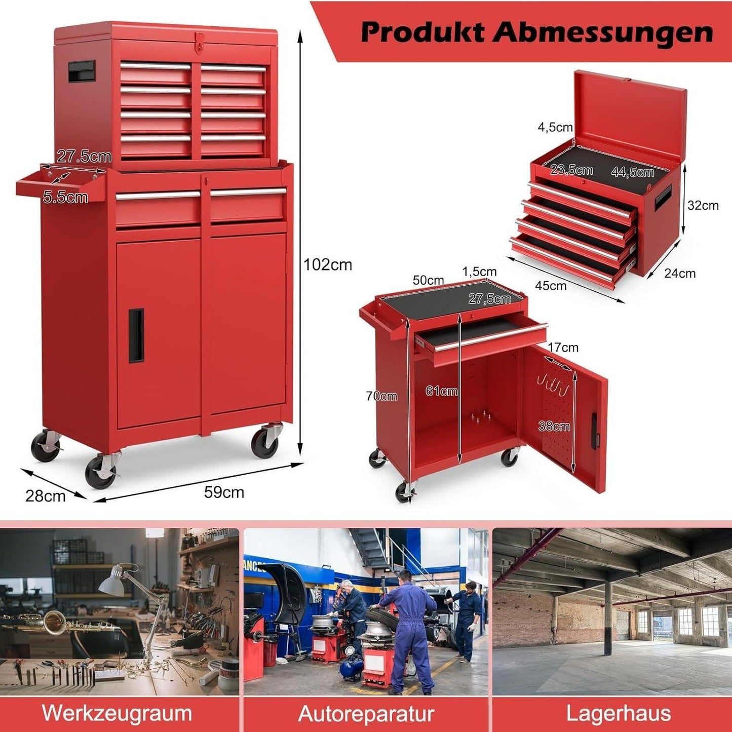 Werkplaatswagen – Gereedschapswagen – Opbergwagen – Toolcart – Werkplaatskast – 2-in-1 Afneembare Bovenkast – Verstelbare Schappen – Metalen Constructie – 100 kg Belastbaar – Mobiel Met 4 Zwenkwielen – Rood – 59x28x102 cm