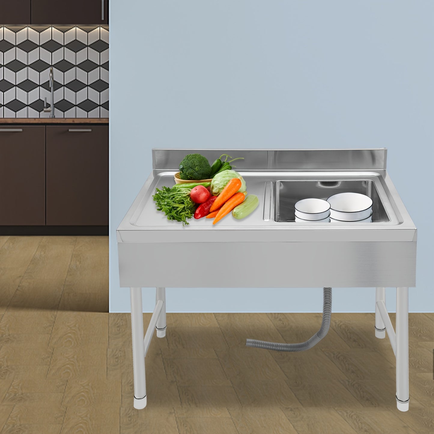 Vrijstaande RVS Spoeltafel – Keukentafel – Werktafel – Industriële Wasbak – Spoelbak – Roestvrij Staal – Verstelbare Poten – Ingebouwde Afvoer 11 cm