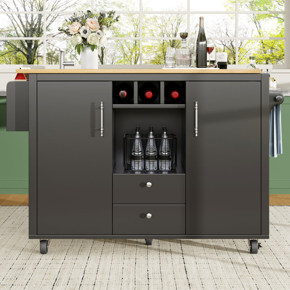 Keukeneiland – Keukentrolley – Keukenkast – Buffetkast – Serveerwagen – 120x92 cm – Zwart – Hout en Staal – Verstelbare Planken en Kruidenrek