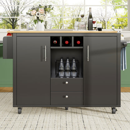 Keukeneiland – Keukentrolley – Keukenkast – Buffetkast – Serveerwagen – 120x92 cm – Zwart – Hout en Staal – Verstelbare Planken en Kruidenrek