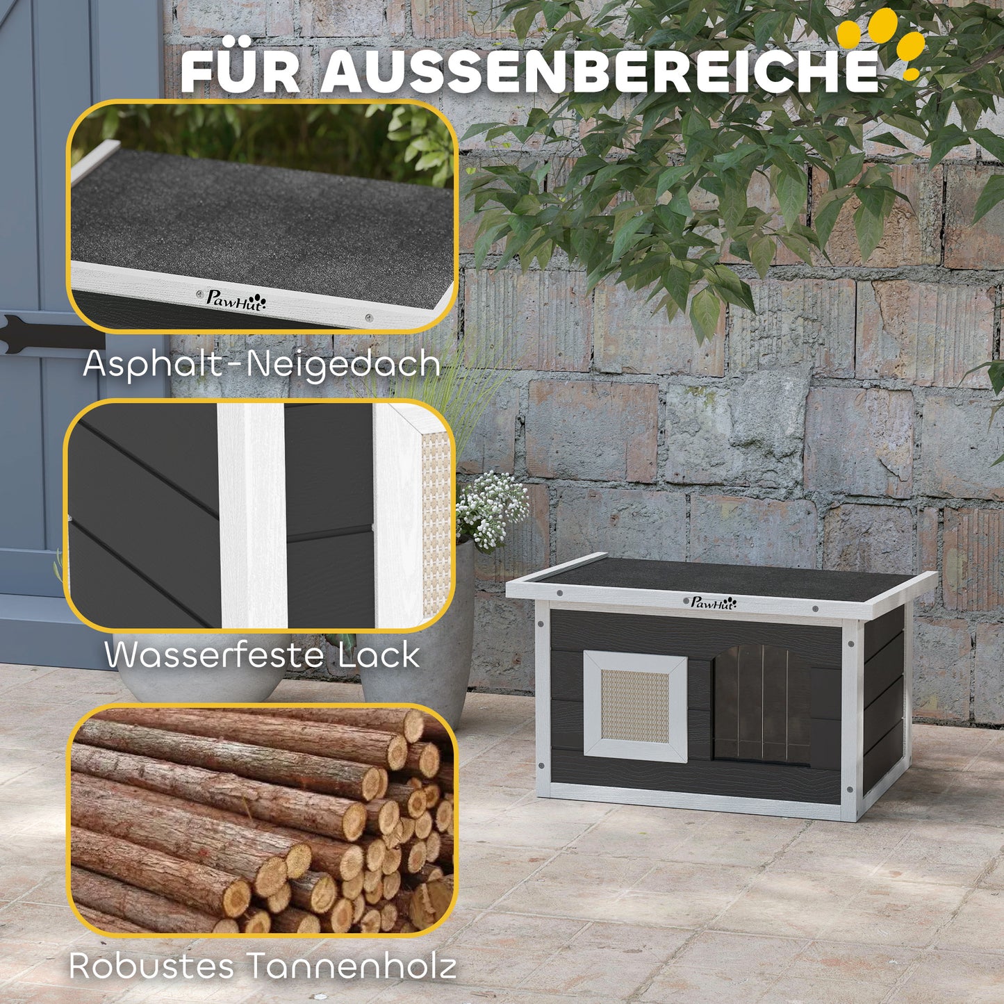 Kattenhuis – Huisdierhuisje – Houten Kattenhut – Knus Dierenverblijf – Krabpaal Mat – Grijs – Waterafstotend Grenenhout – Inclusief Deurflap en Krabmat
