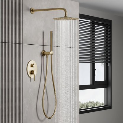 Shower System 30.48 cm Round Rainfall Showerhead Wall Mounted High Pressure Shower Faucet Set Fixture Combo with Cylindrical Handheld Spray, Round Rain Shower Head, Brushed Golden, Bathroom Upgrade, Sleek Bathroom Fixture, Co