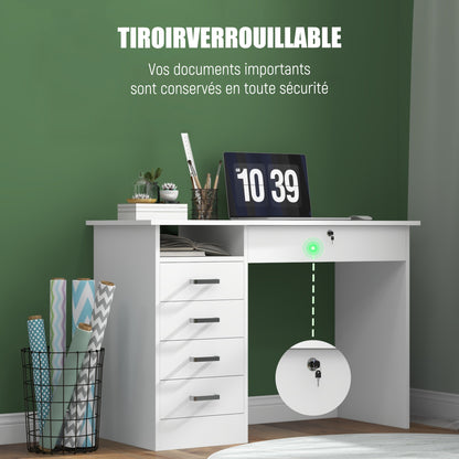 Computertafel – Computerbureau – Bureautafel – Laptoptafel – Werktafel – Wit – 110x50x76 cm – 5 Laden inclusief Afsluitbare Lade – Melamine Spaanplaat