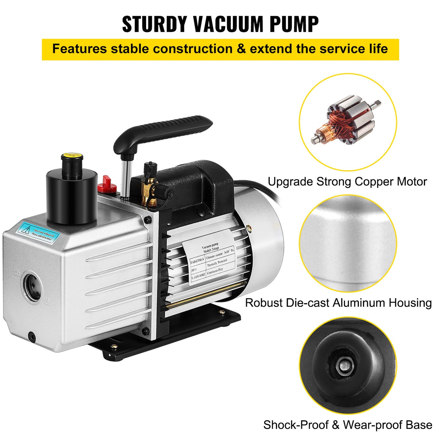 Vacuümpomp – Vacuüm Pomp – Rotary Vane Pomp – HVAC Vacuümpomp – 2 Fasen Vacuümpomp – 1 PK Motor – Aluminium Behuizing