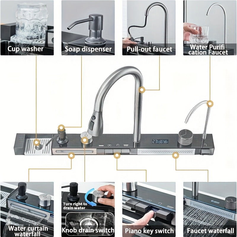 Keukenspoelbak – Spoelbak – Gootsteen – Wasbak – Spoelbakken – RVS Geborsteld – Enkele Bak 75x45 cm – Digitale Display – Uitneembare Uittrekbare Kraan