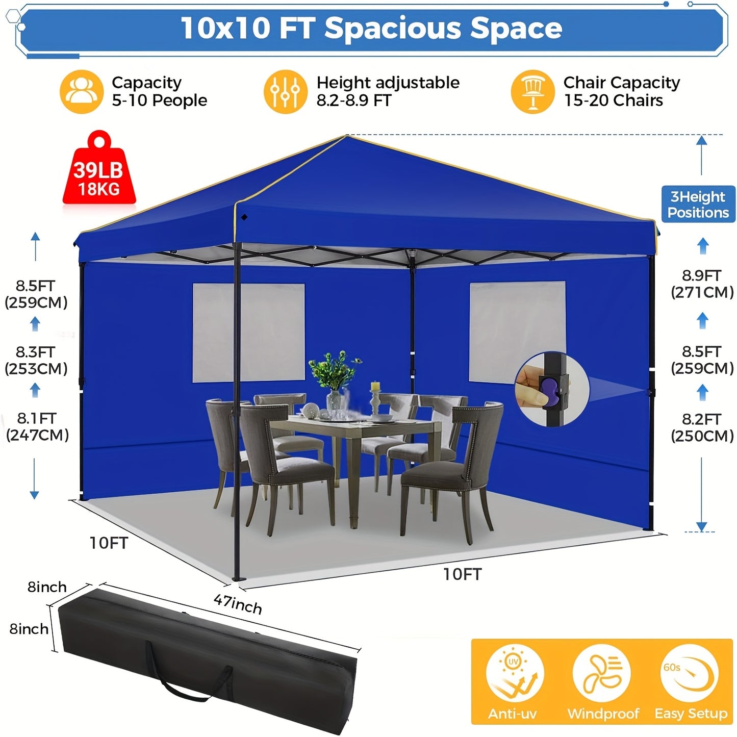 3.05x3.05meter Folding Outdoor Canopy, Professional with 4 Side Walls, Garden Tent Foldable, Stable, Quick to Set Up, Party Tent, Suitable for Outdoor Weddings, Camping, Commercial Activities, Outdoor Only
