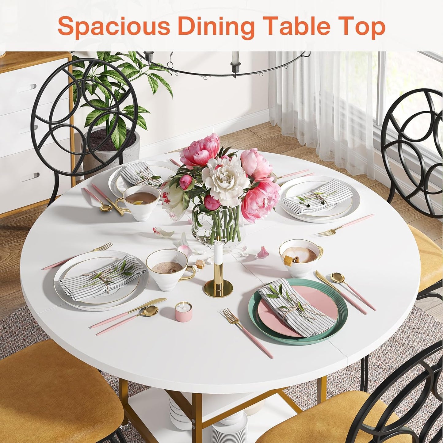 Ronde Eettafel – Ronde Tafel – Eetkamertafel – Keukentafel – Bistrotafel – Industrieel Design – 120 cm Diameter – Houten Tafelblad Met Opbergrek – Wit Goud