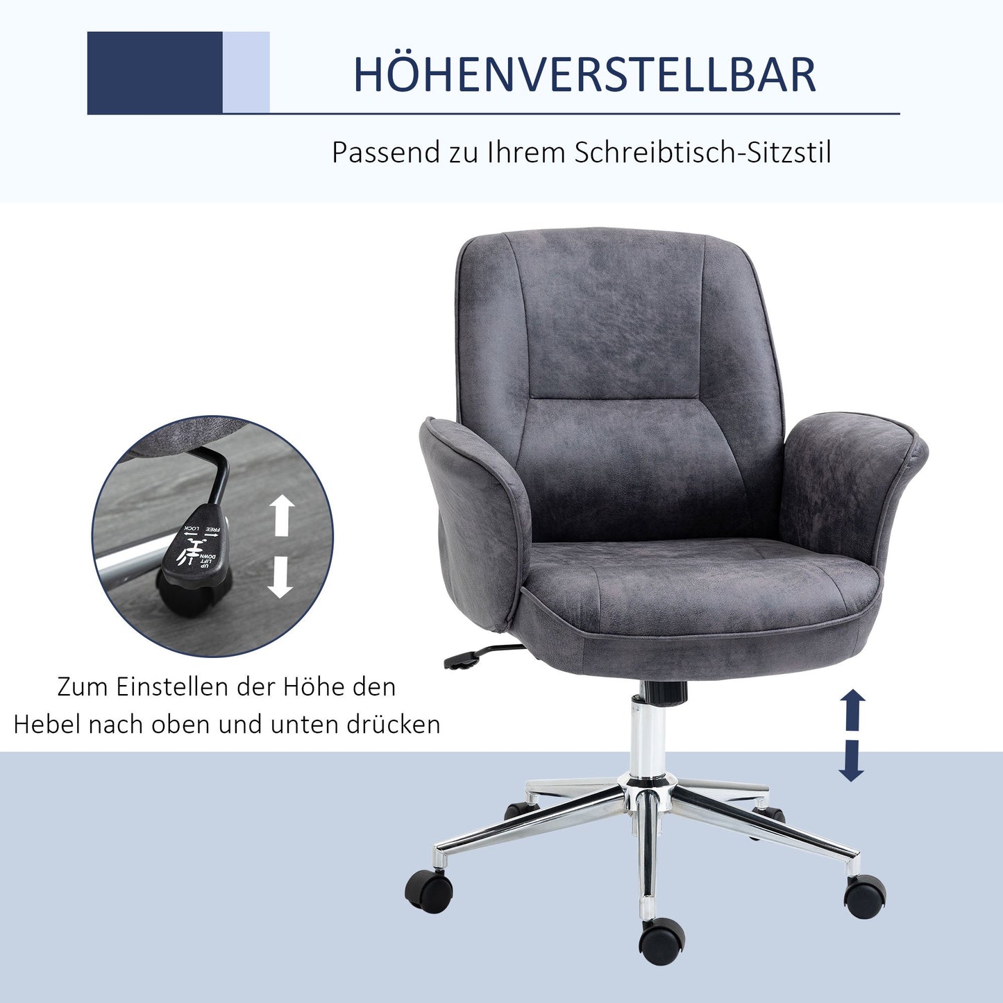 Bureaustoel – Bureau Stoel – Werkstoel – Kantoorstoel – Thuiswerkstoel – Ergonomisch Ontwerp – Verstelbare Hoogte – Kantelfunctie – Donkergrijs – Microvezel – Draagvermogen 120 kg