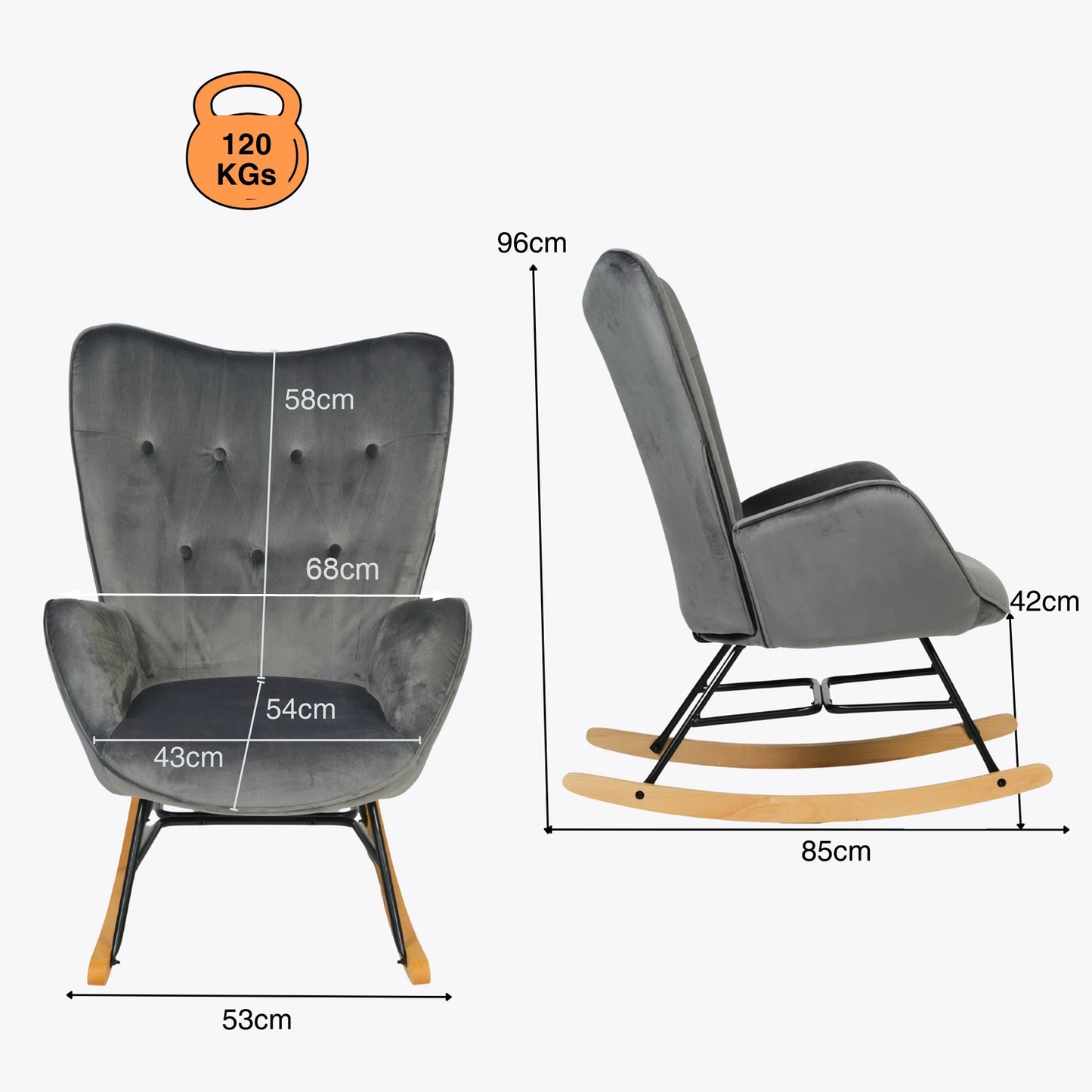 Draaifauteuil – Fauteuil – Relaxstoel – Leunstoel – Schommelstoel – Fluweel Grijs – Hoog Rugleuning – Houten Poten